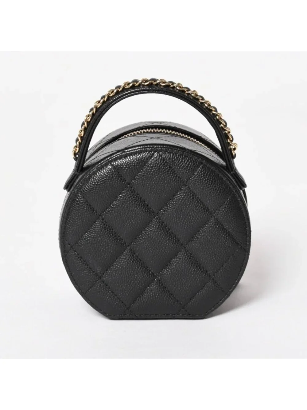 Chanel Small Round Vanity Bag Handbag Stand CC Logo Caviar Leather Black